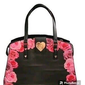 New Betsy Johnson Satchel Purse in Black with Varied Pink Roses Cottage Core Y2K